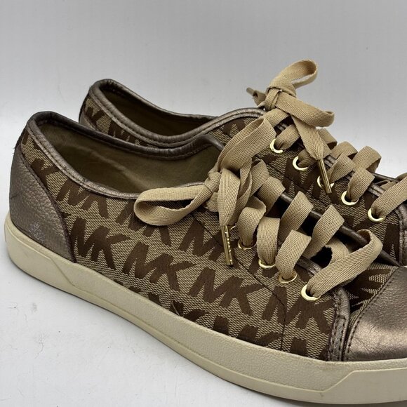 Michael Kors MK Signature Logo Print Lace Up Sneakers Brown Metallic Leather 10 - Picture 3 of 10